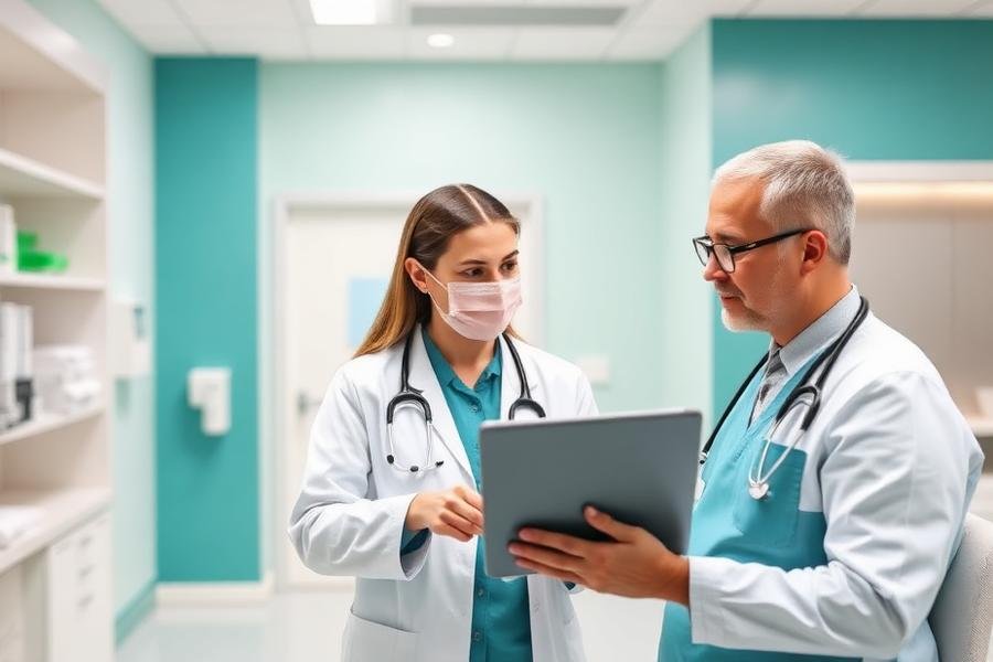 Physician and phlebotomist reviewing a patient chart