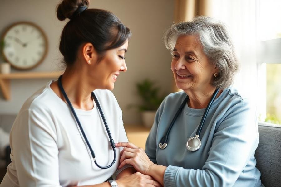 Nurse visiting a senior resident in a retirement home
